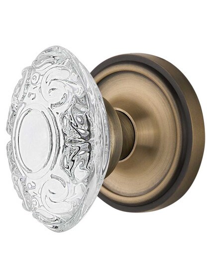 Classic Rosette Door Set with Victorian Crystal-Glass Knobs - 2 3/4 in Antique Brass.